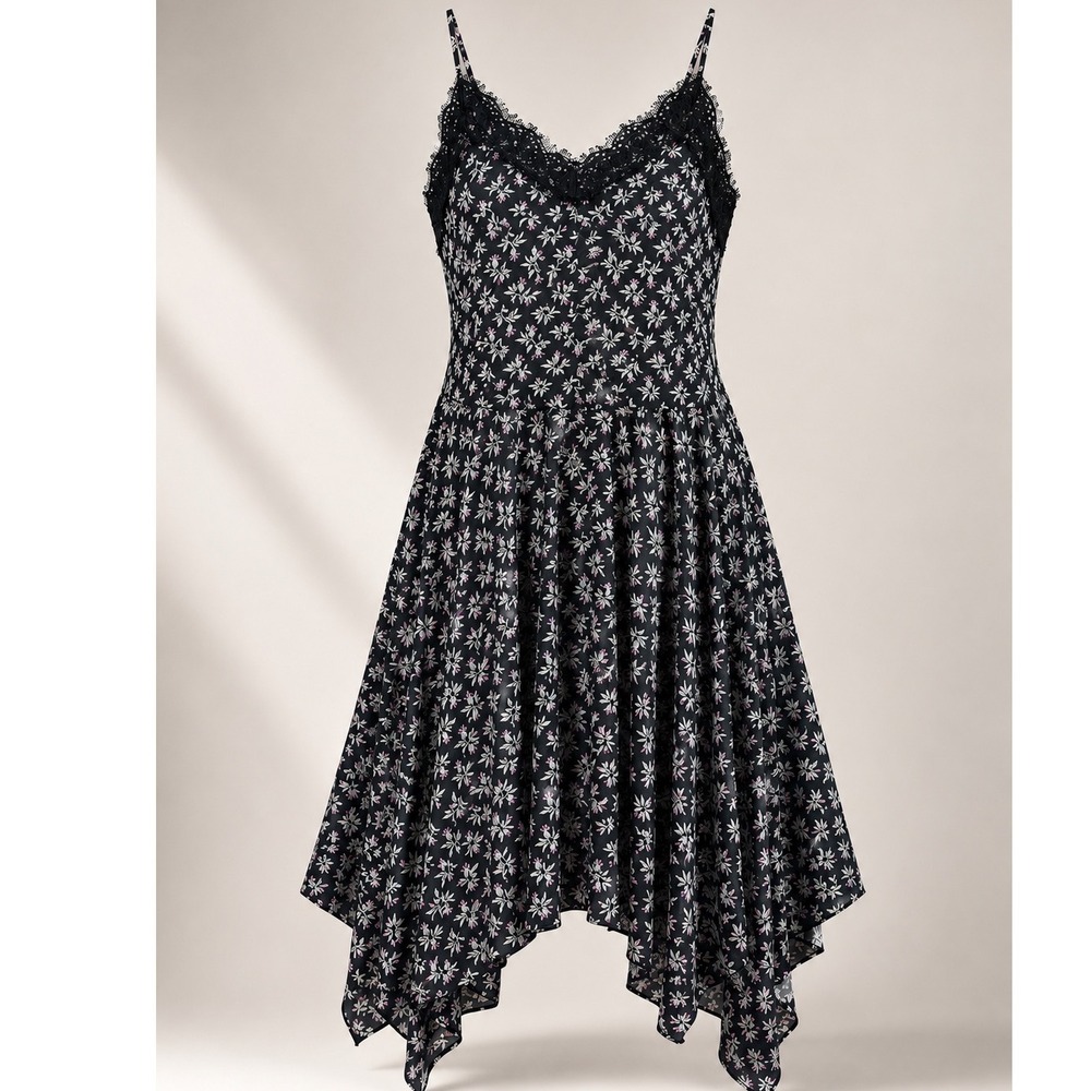 Whimsigoth Floral Spaghetti Strap Slip Dress Handkerchief Hem Fairycore Midi